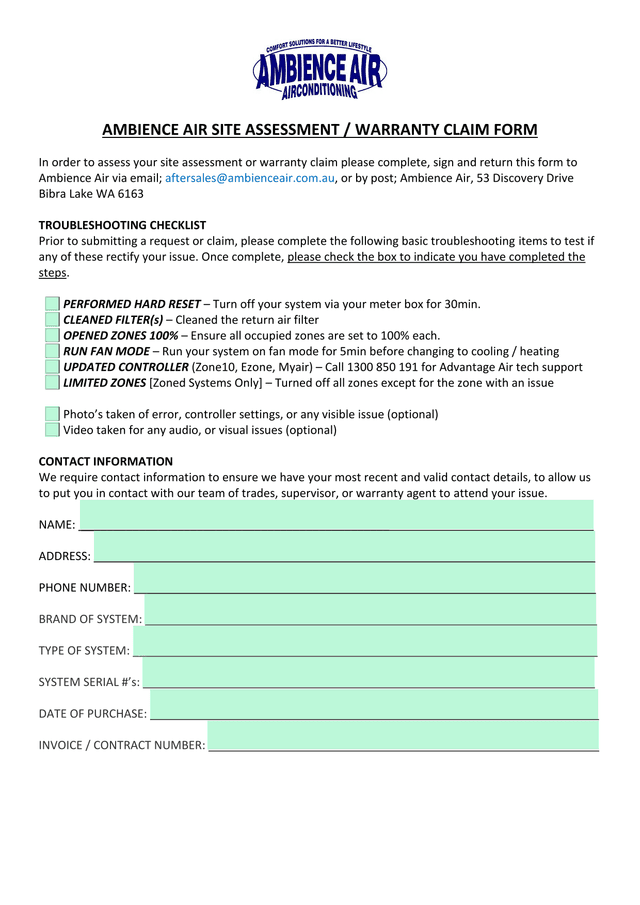 Ambience Air Site Assessment  Warranty Claim Form screenshot