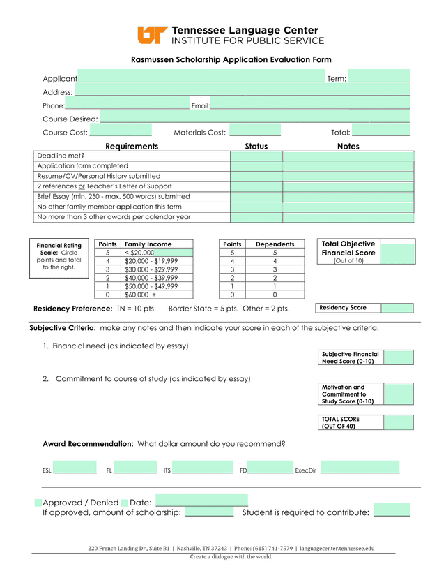 Rasmussen Scholarship Application Evaluation Form screenshot