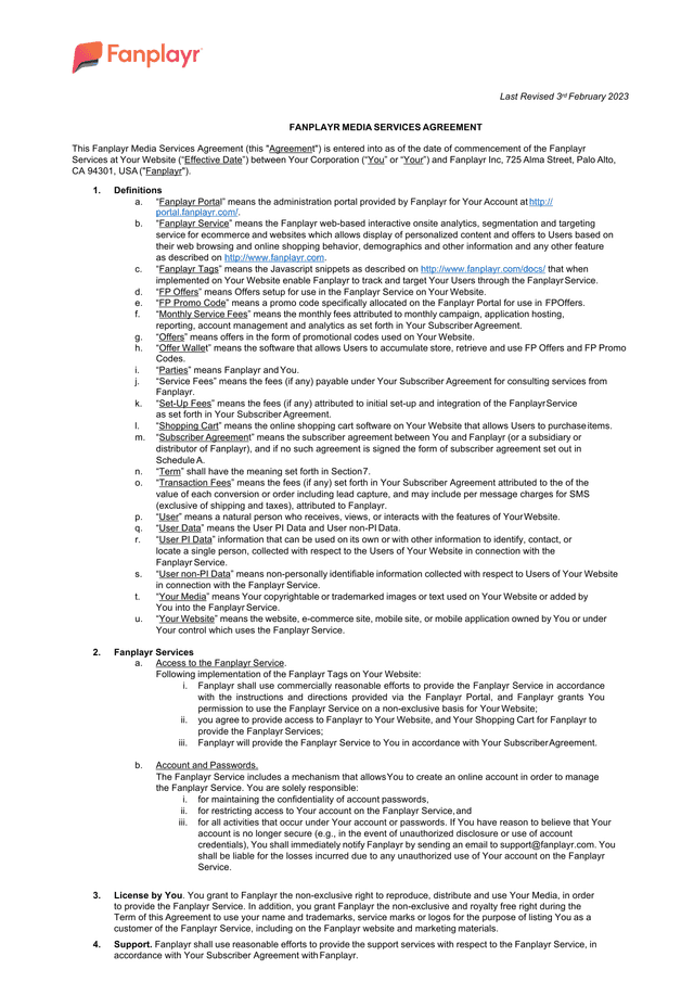 Fanplayr Media Services Agreement screenshot