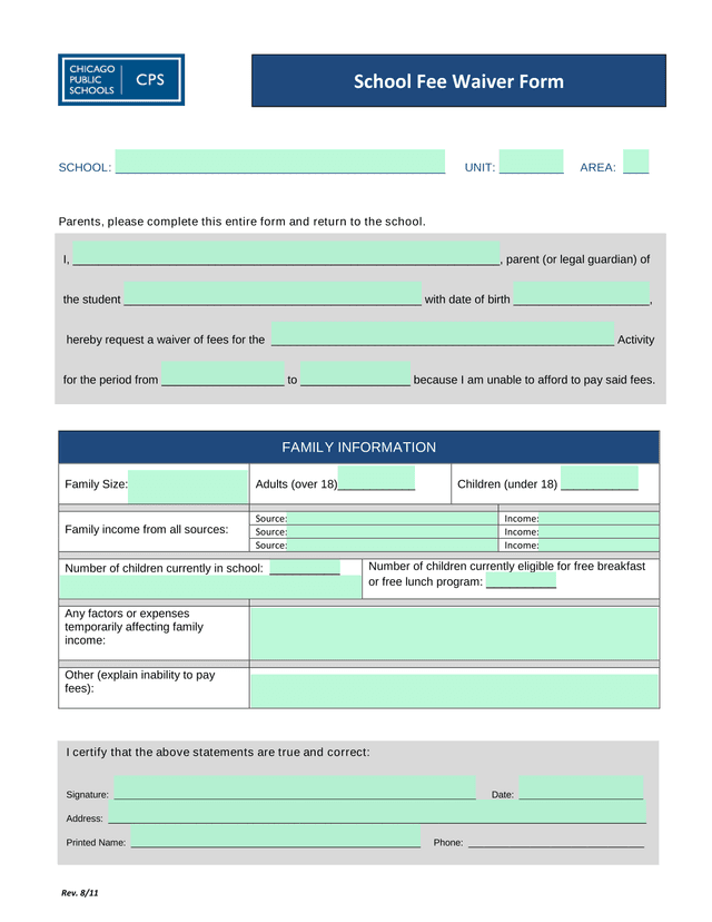 School Fee Waiver Form screenshot