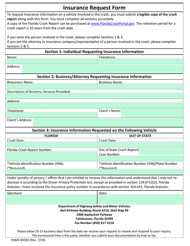 HSMV 83392 Insurance Request Form screenshot