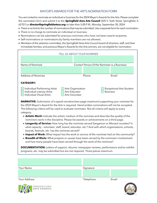 MayorS Awards For The Arts Nomination Form screenshot
