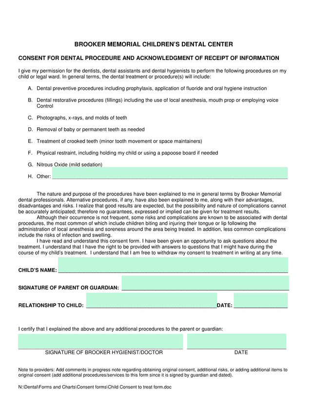 Consent For Dental Procedure And Acknowledgment Of Receipt Of Information screenshot