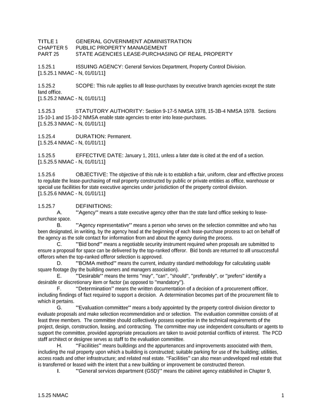 1.5.25 NMAC State Agencies Lease Purchasing Of Real Property screenshot