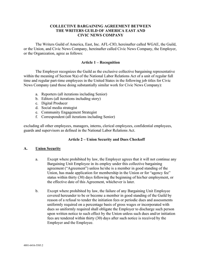Collective Bargaining Agreement Between The Writers Guild Of America East And Civic News Company screenshot