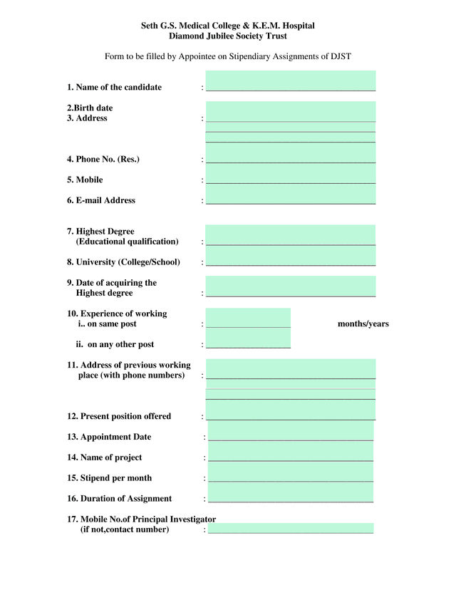 Form To Be Filled By Appointee On Stipendiary Assignments Of DJST screenshot