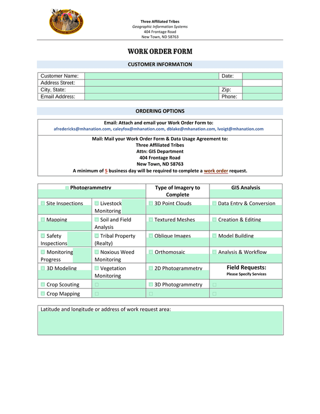 Three Affiliated Tribes GIS Work Order Form screenshot