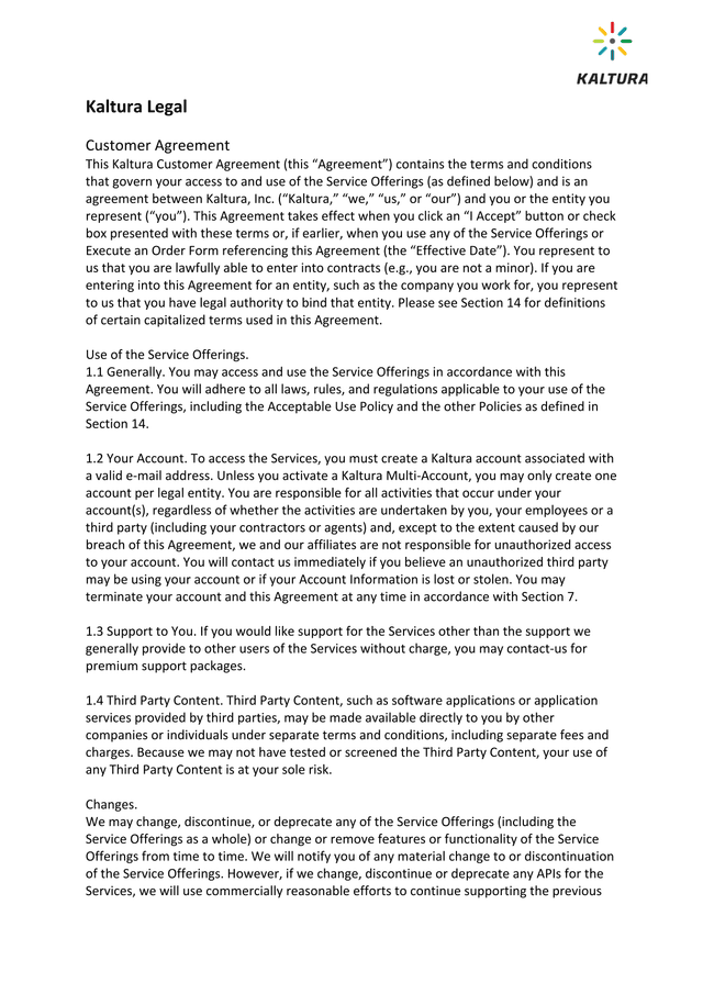 Kaltura Legal Customer Agreement screenshot