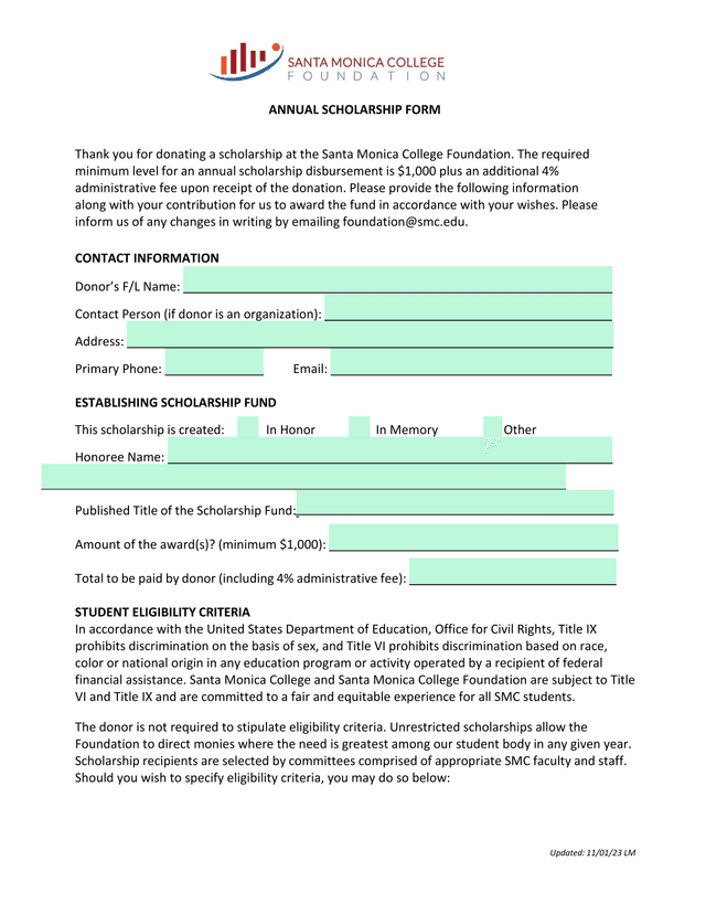 Annual Scholarship Form screenshot