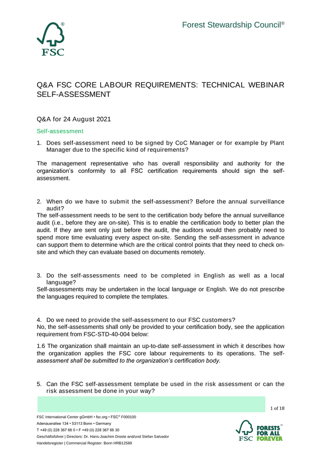 QA FSC Core Labour Requirements Technical Webinar Self Assessment screenshot