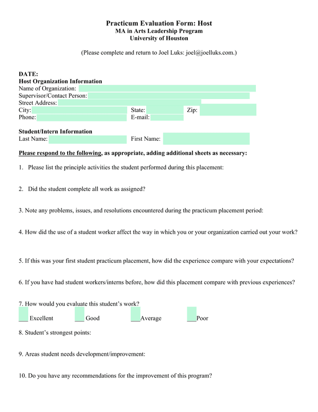 Practicum Evaluation Form Host screenshot