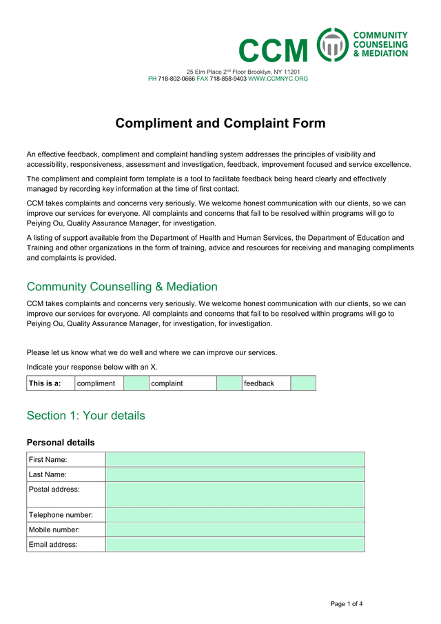 Compliment And Complaint Form screenshot
