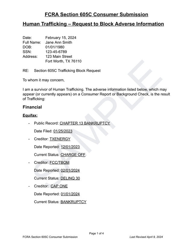 FCRA Section 605C Consumer Submission screenshot