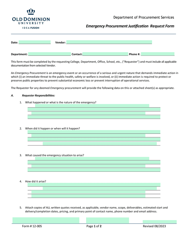 Emergency Procurement Justification Request Form screenshot