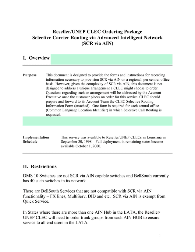 ResellerUNEP CLEC Ordering Package Selective Carrier Routing Via Advanced Intelligent Network (SCR V screenshot