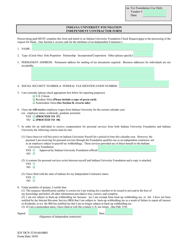 INDIANA UNIVERSITY FOUNDATION INDEPENDENT CONTRACTOR FORM screenshot