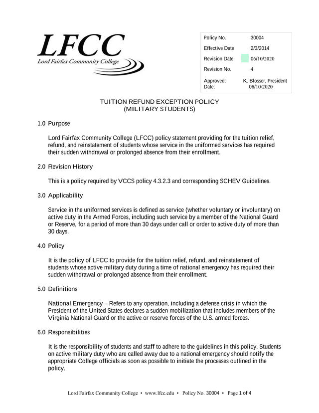 Tuition Refund Exception Policy (Military Students) screenshot