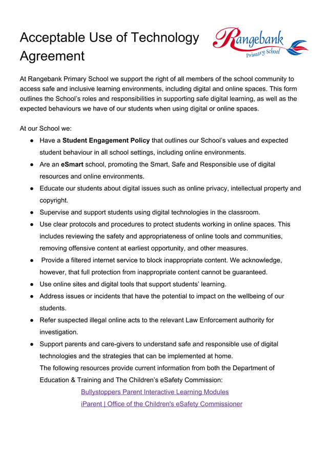 Acceptable Use Of Technology Agreement screenshot
