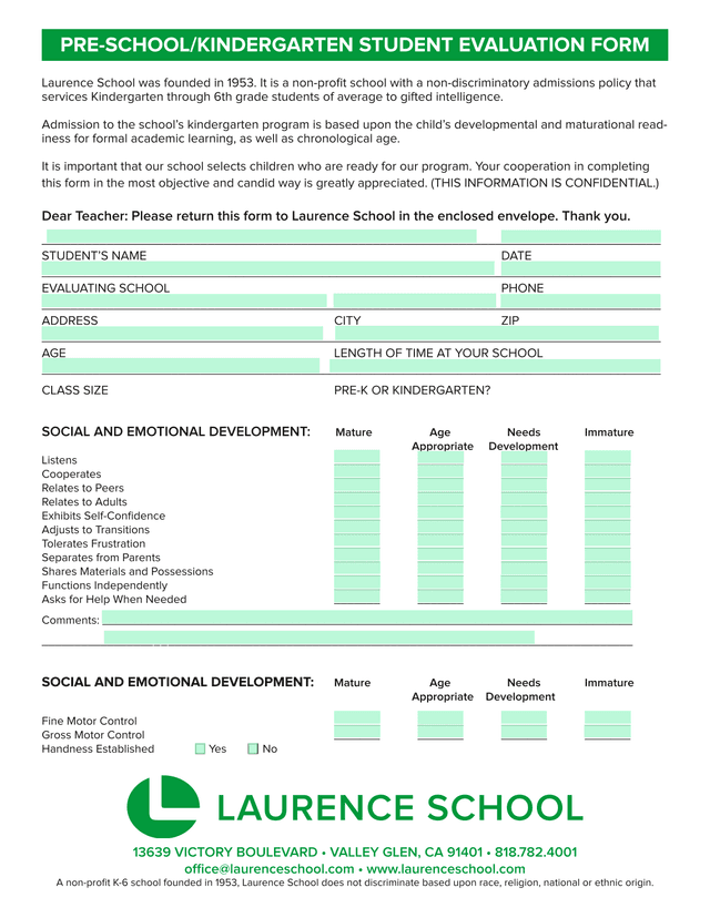 PRE SCHOOLKINDERGARTEN STUDENT EVALUATION FORM screenshot