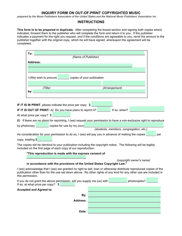 Inquiry Form On Out Of Print Copyrighted Music screenshot