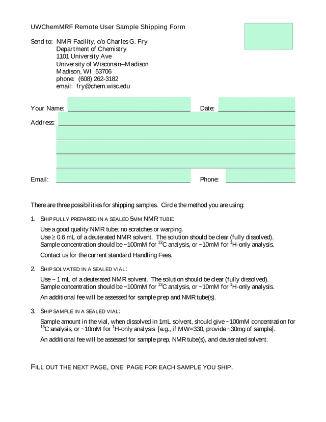 UWChemMRF Remote User Sample Shipping Form screenshot