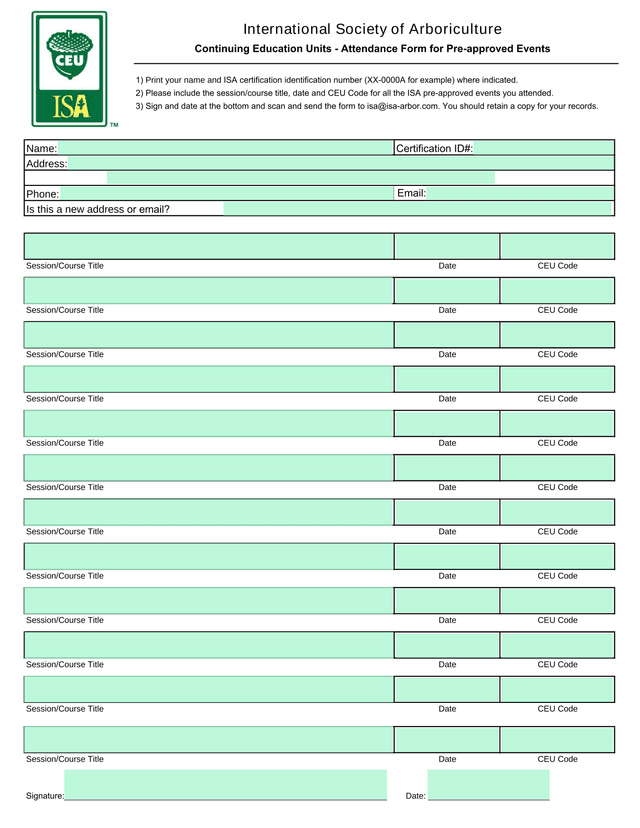 Continuing Education Units   Attendance Form For Pre Approved Events screenshot
