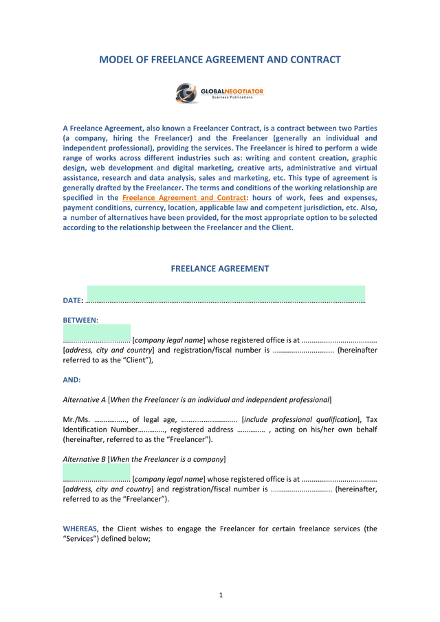 MODEL OF FREELANCE AGREEMENT AND CONTRACT screenshot