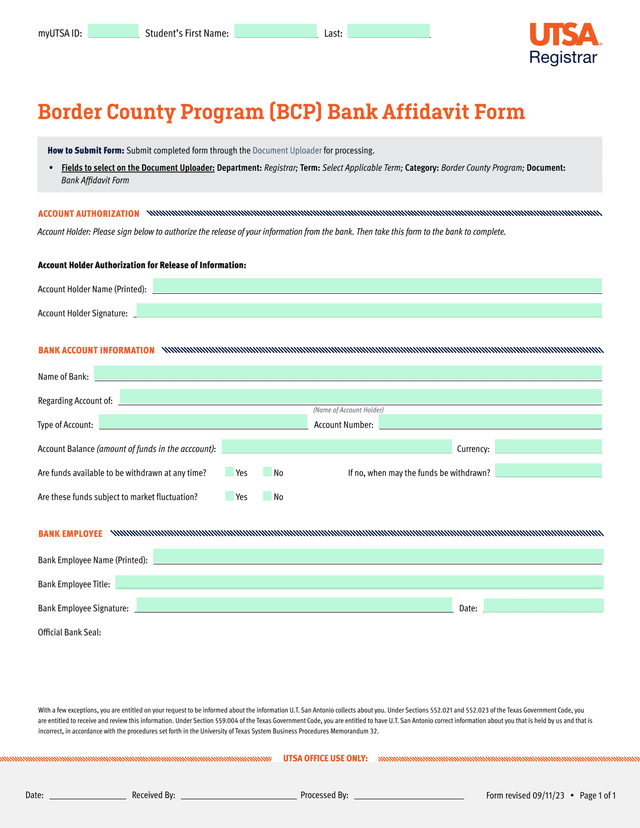 Border County Program (BCP) Bank Affidavit Form screenshot