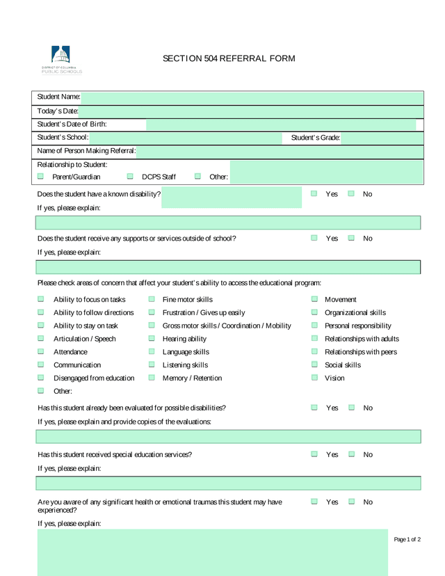 SECTION 504 REFERRAL FORM screenshot