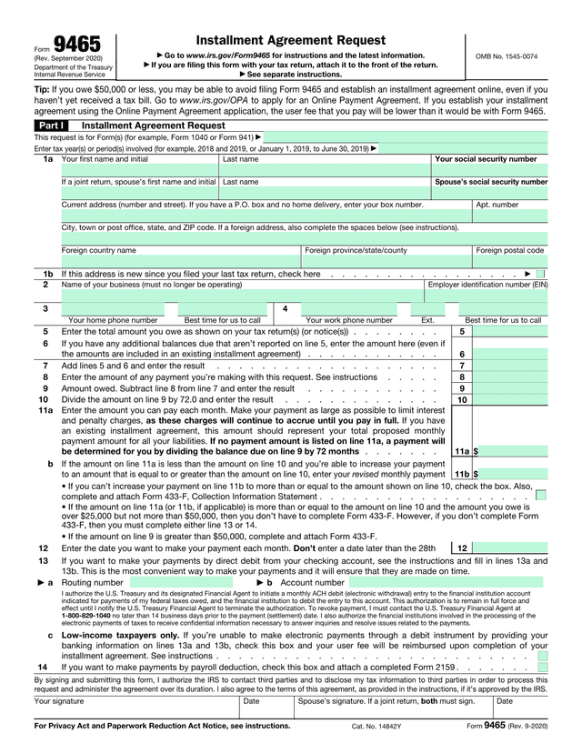 Form 9465 Installment Agreement Request screenshot