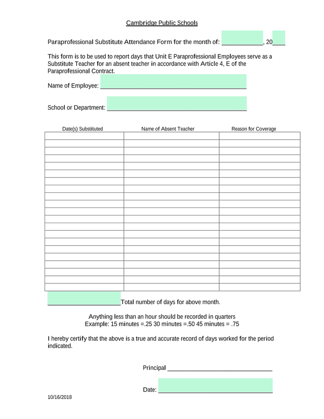 Paraprofessional Substitute Attendance Form screenshot
