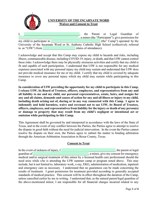 University Of The Incarnate Word Waiver And Consent To Treat screenshot