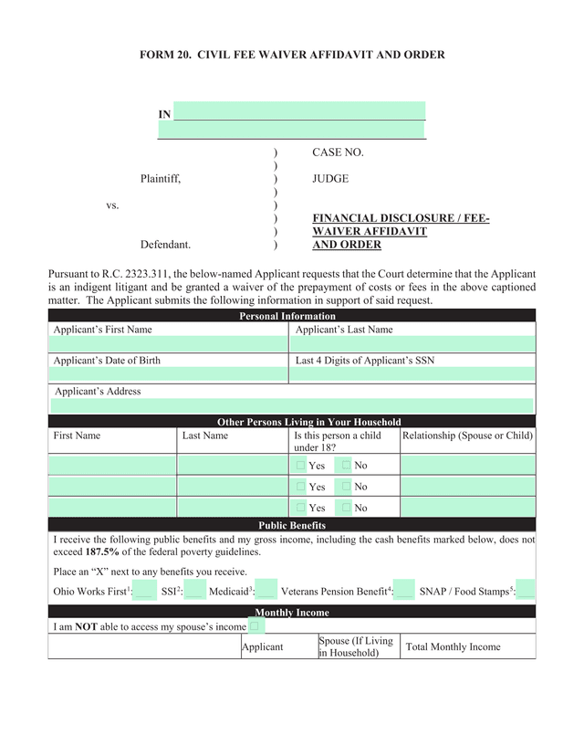 FORM 20. CIVIL FEE WAIVER AFFIDAVIT AND ORDER screenshot