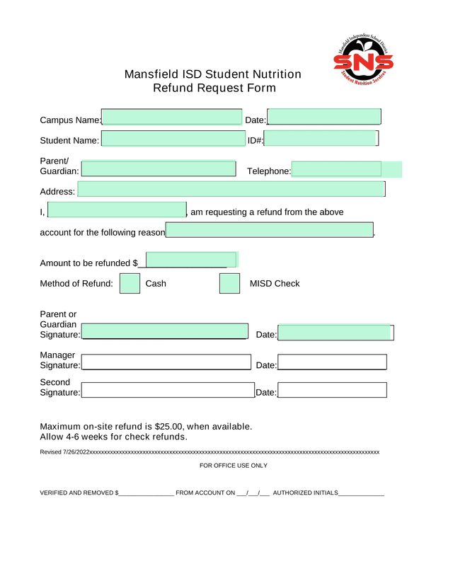 Mansfield ISD Student Nutrition Refund Request Form screenshot