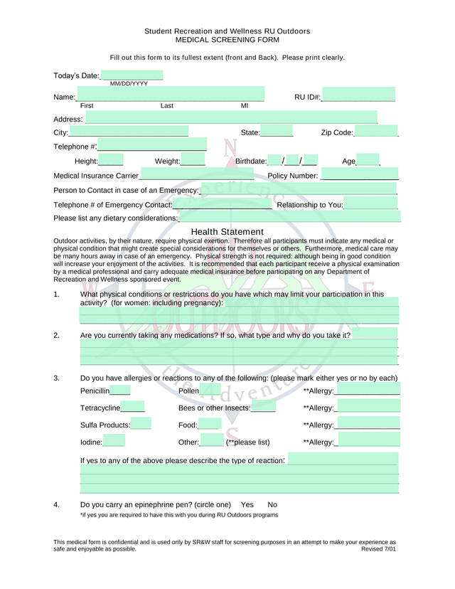 Student Recreation And Wellness RU Outdoors Medical Screening Form screenshot