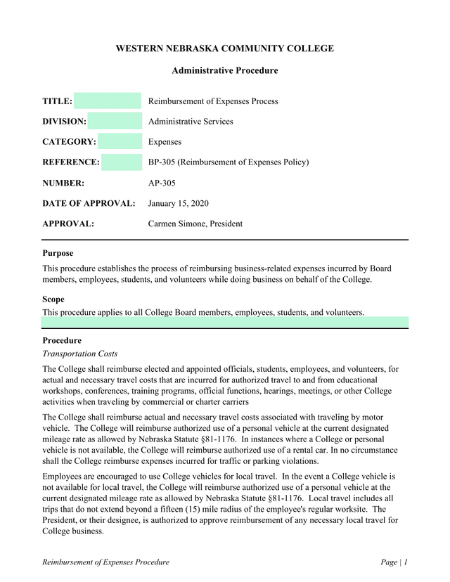 Reimbursement Of Expenses Procedure screenshot