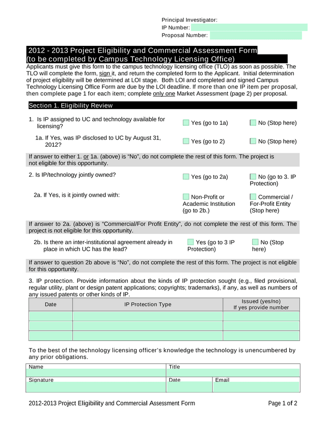 2012 2013 Project Eligibility And Commercial Assessment Form screenshot