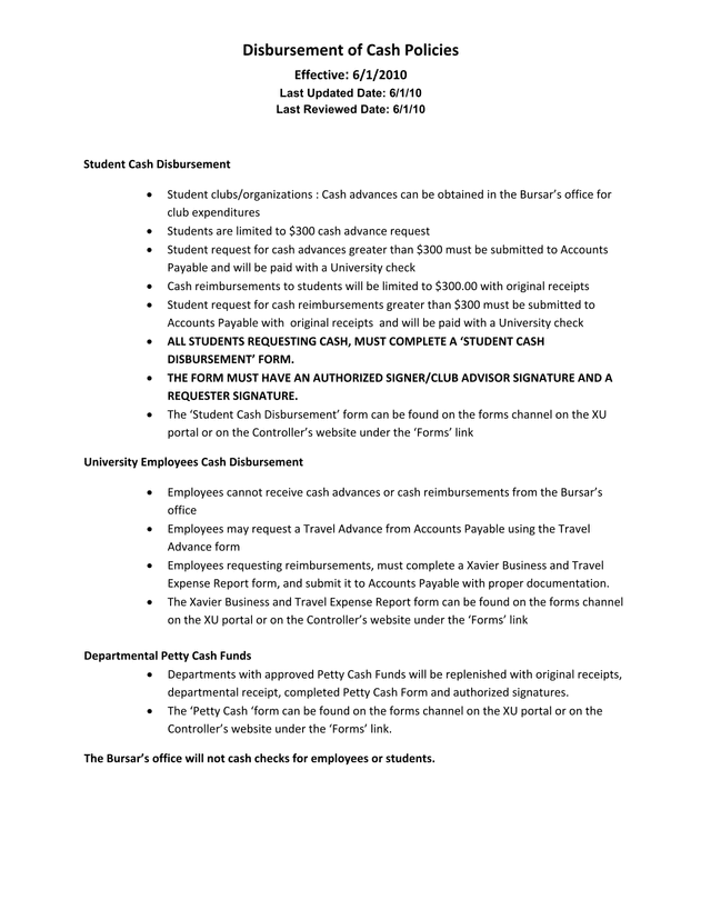 Disbursement Of Cash Policies screenshot