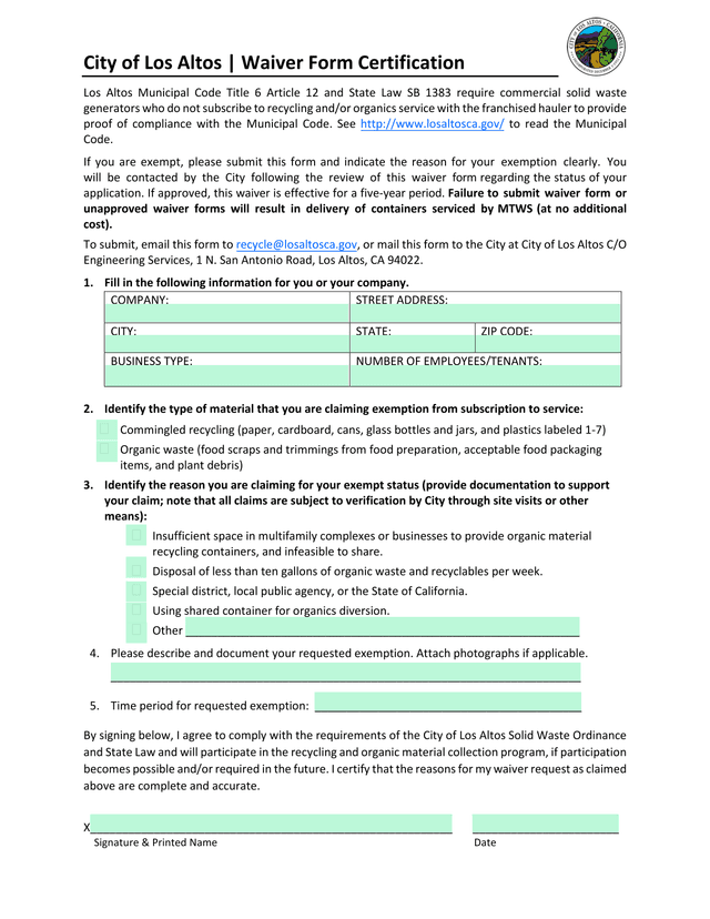 City Of Los Altos Waiver Form Certification screenshot