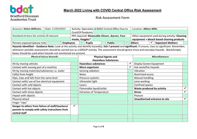 Living With COVID Central Office Risk Assessment screenshot