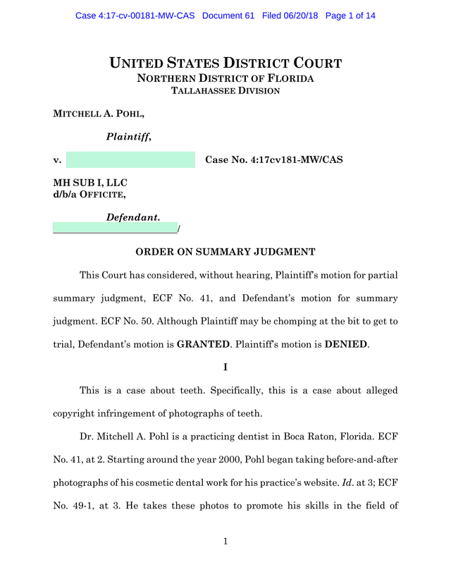 Order On Summary Judgment   Mitchell A. Pohl V. MH Sub I, LLC screenshot