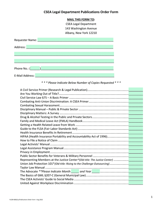 CSEA Legal Department Publications Order Form screenshot