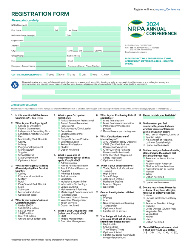 NRPA Annual Conference Registration Form screenshot