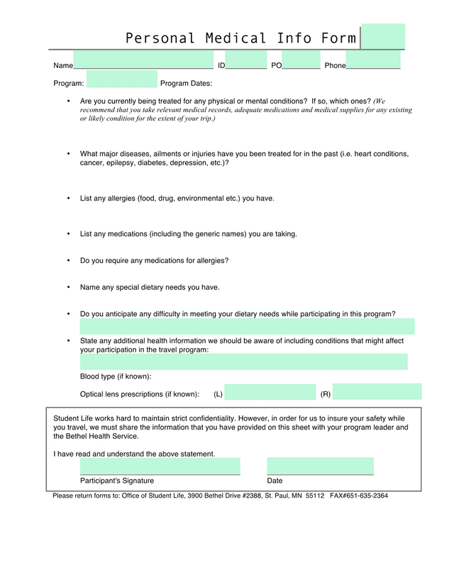 Personal Medical Info Form screenshot