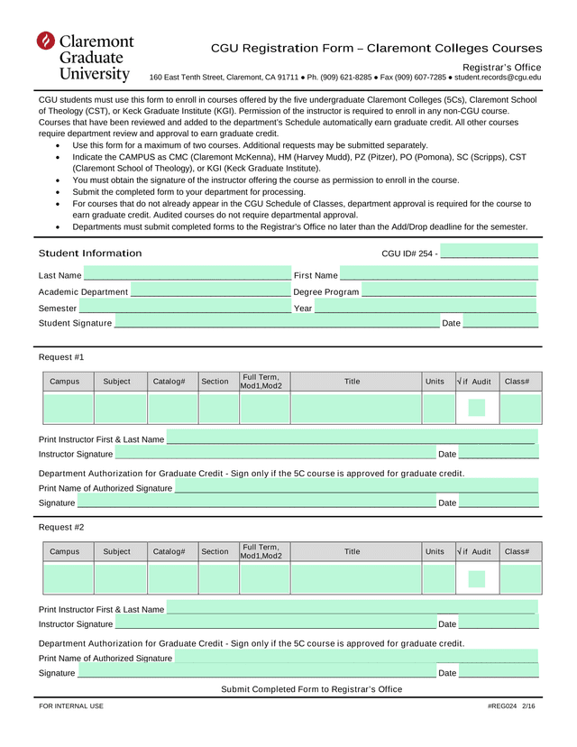 CGU Registration Form  Claremont Colleges Courses screenshot