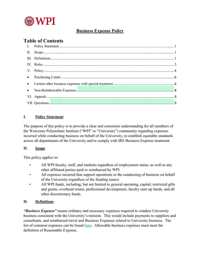 Business Expense Policy screenshot