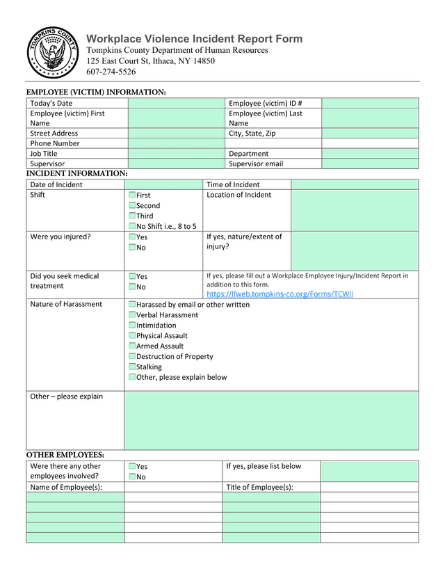 Workplace Violence Incident Report Form screenshot