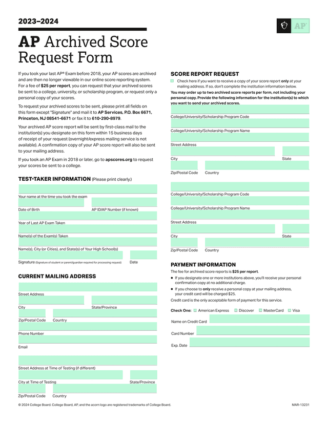 20232024 AP Archived Score Request Form screenshot