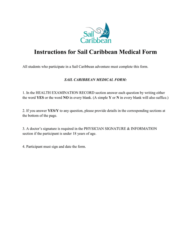 Sail Caribbean Medical Form screenshot