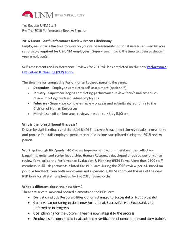 2016 Annual Staff Performance Review Process screenshot